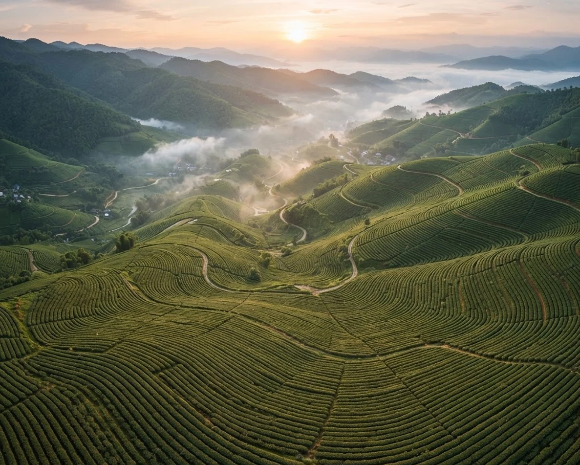 A young Vietnamese tea bud with morning dew